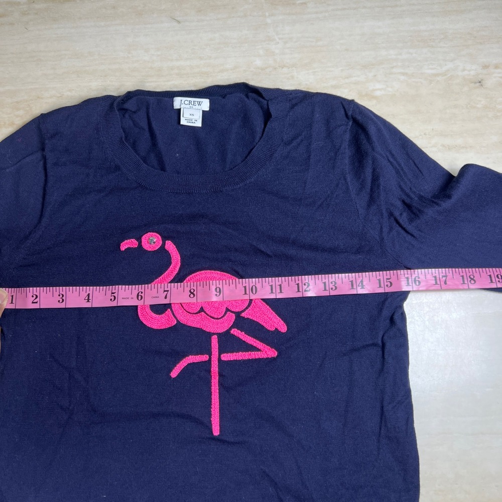 J. Crew Navy Blue Long Sleeve Pink Flamingo Graphic Knit Sweater Top XS - Picture 8 of 11